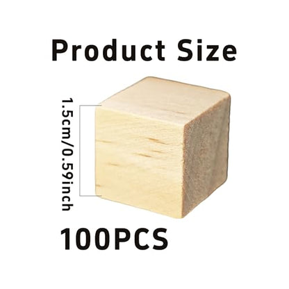 100Pcs 0.59” inch Unfinished Natural Wooden Cubes, Square Craft Wood Blocks for DIY Projects, Blank Wood Squares for Art, Building, Personalized Crafts, Wedding Decor, and Creative Displays - size: 1.5cm