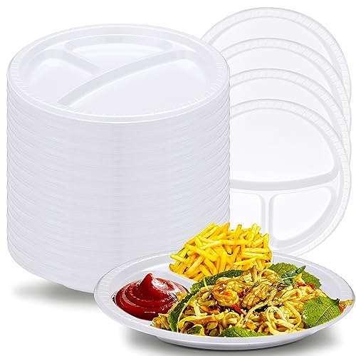 Umigy 100 Pcs 10 Inch 3 Compartments Divided Plastic Plates Bulk Colorful Disposable Heavy Duty Round Dinnerware for Valentine Wedding Birthday Party(White) - color: White