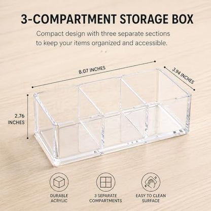 2-Layer Clear Acrylic Vanity Organizer with Adjustable Dividers, Stackable 3-Compartment Storage Box for Makeup, Hair Accessories, Skincare, Bathroom, Desk - 8.07" x 3.94" x 2.76"