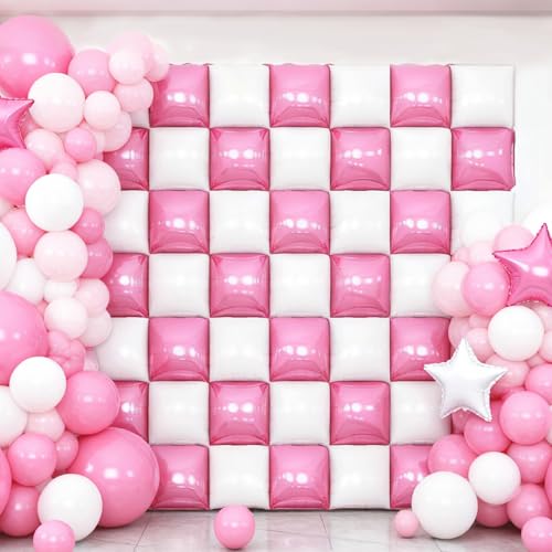 50PCS Pearl Pink and White Square Foil Balloon Wall, 19'' Reusable DIY Mylar Double Side Balloons Garland Tunnel Arch Kit for Anniversary Baby Shower Bachelorette Birthday Engagement Bridal Decor - color: Pink & White