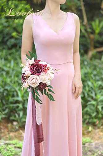 Lookein Set of 4 Bridesmaid Bouquet for Wedding 7 Inch Artificial Flowers Bouquet Wedding Bouquet Bridal Bouquet Tossing Bouquet for Wedding Ceremony Anniversary Celebration, Delicate Marsala - color: 7" Romantic Marsala