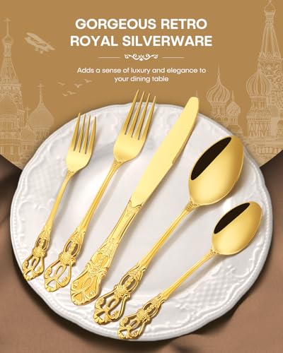 Stapava 40 Pcs Retro Royal Gold Silverware Set, Stainless Steel Gold Utensils Cutlery Set for 8, Gorgeous Flatware Set Include Forks Spoons and Knives set, Dishwasher Safe, Mirror Polished - style: Retro Royal Gold