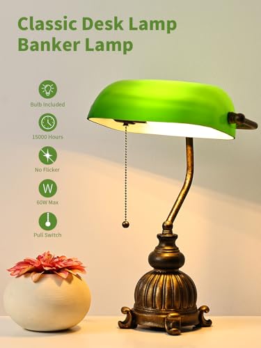 Retro Green Glass Bankers Desk Lamp for Home Office,Library with Pull Chain Switch Plug in Fixture, LED Bulb Included - color: Antique+Green1