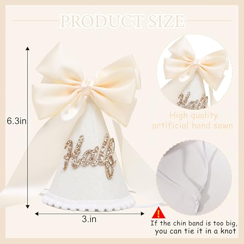 Boho Beige Bow Half Birthday hat-1/2 Birthday Decorations,Glitter Number Cone Hat,Princess Hat,Photo Props Cake Smash - color: White Bow Hat2