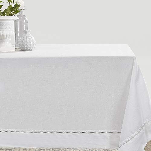 Simple&Opulence Premium 100% Linen Hemstitch Tablecloth-60 x 120 Inch White, Natural Fabric, Rectangular Tablecloth for Indoor and Outdoor Use - color: White, size: 60" x 120" (Rectangular)