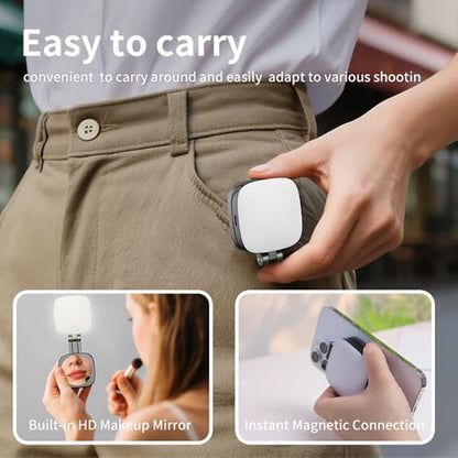Magnetic Selfie Light for iPhone，Phone Light with a Mirror，Folding LED Phone Fill Ring Lighting，Rechargeable Portable Fill Light for Photography/Video Recording/Conference/Vlog/Makeup (Black)