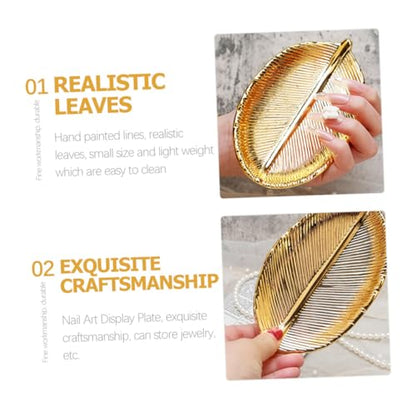 Ceramic Jewelry Organizer Tray Gold Leaf Design Nail Art Display Plate Jewelry Storage Holder Decorative Desktop Photo Prop for Vanity and Dressing Table