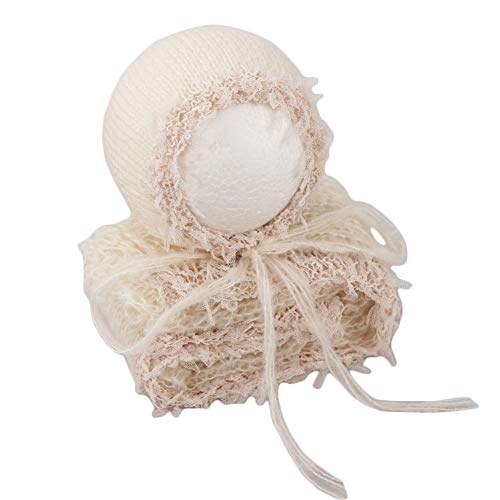 Baby Photography Props Luxurious Lace Hat with Blanket Newborn Photo Shoot Outfits Infant Princess Photos Hats Wrap Set (Cream) - color: Cream