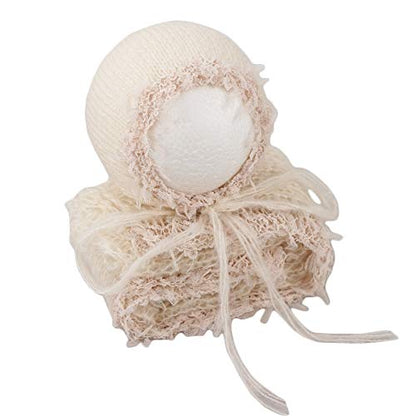 Baby Photography Props Luxurious Lace Hat with Blanket Newborn Photo Shoot Outfits Infant Princess Photos Hats Wrap Set (Cream) - color: Cream