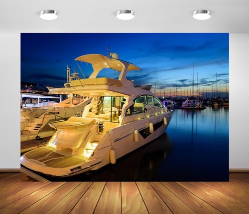 BELECO 15x8ft Fabric Luxury Yacht Backdrop Night View of Harbor and Marina with Moored Yachts and Motorboats Background for Themed Party Decorations Portrait Photoshoot Studio Props,(A17992-1580) - size: 15x8ft