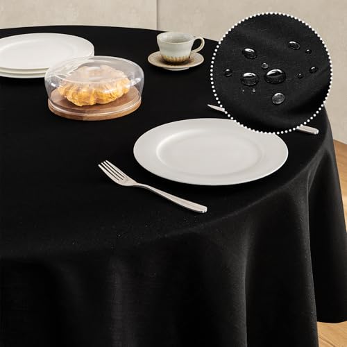 Veblandy Tablecloth Linen Textured Waterproof & Stain Resistant Table Cloth Wrinkle Free Decorative Fabric Farmhouse Table Cover for Dining/Party/Buffet/Wedding, 60 x 60 Inch, Black - color: Black, size: 60" (Round)