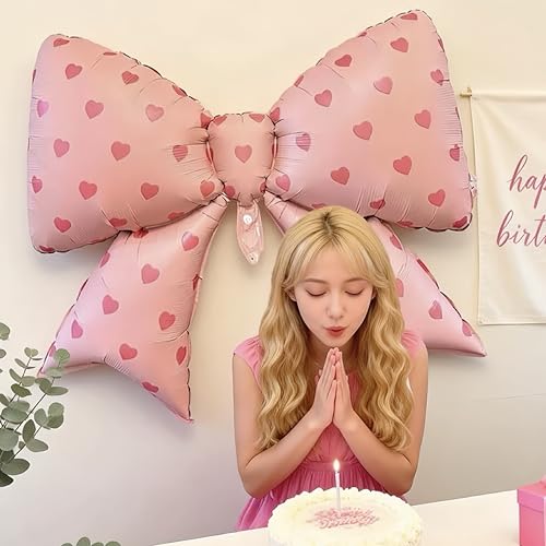 4Pcs Pink Bow Balloons Decor 38 Inch/Heart Print coquette Birthday Decorations for Girls Women, Valentines Day, Galentines Party Bachelorette Bridal Shower Wedding Engagement Photo Booth Props - color: Pink Heart