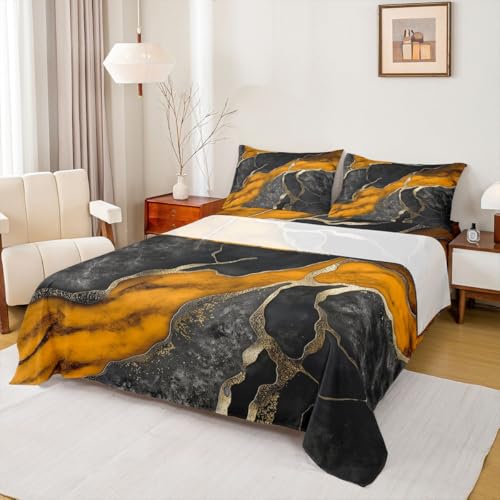 Erosebridal Black Orange Marble Bed Sheets Full Size for Women Men Adults - Marble Minimalist Design Flat Fitted Sheet Abstract Metallic Texture Sheet Set Marbling Crack Sheets - color: Black Orange, size: Full