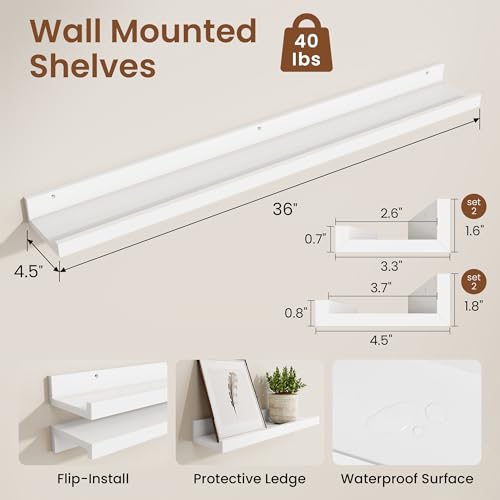 Heimlove Picture Ledge Shelf,36 inch Long Floating Shelves for Wall Set of 4,White Picture Shelf with Lip for Wall Decor,Living Room,Bedroom,Bookshelf,Nursery,Perfume - color: White, size: 36'', Set of 4
