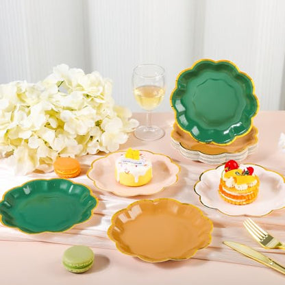 AimFun 48Pcs Woodland Scalloped Party Plates 7 Inch Sage Green Brown Disposable Dessert Plates Gold Foil Border Paper Plates for Birthday Baby Shower Wedding Forest Themed Party Supplies - color: Sage Brown