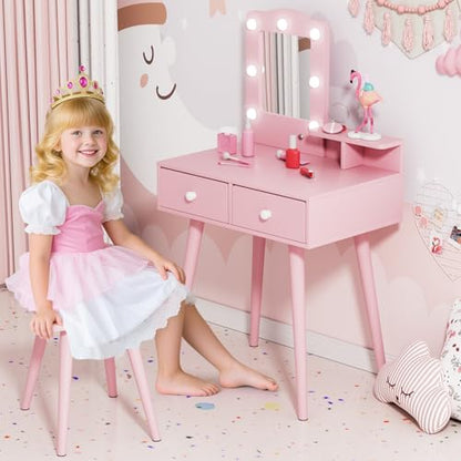 Arlopu Kids Vanity Set and Mirror, Wooden Pretend Play Vanity Table and Chair Set for Girls with Stool, Drawer, Princess Makeup Dress-Up Toy for Toddlers 3+Year Old (Pink) - color: Pink