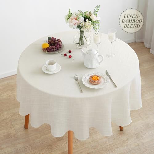 Linen World Round Linen Blend Tablecloth 90" Inch,Linen Loook Soft Cool & Breathable,Machine Washable Natural Table Cloth for Dining, Kitchen, Outdoor, Easter-Creamy White - color: Creamy White, size: 90" (Round)