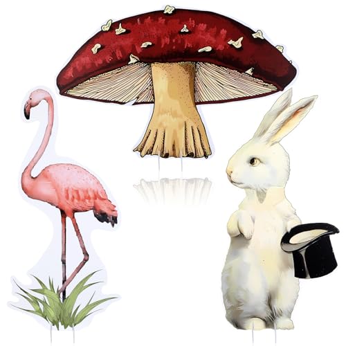 Soulchen 3 Pcs 24 Inch Wonderland Tea Party Decorations Yard Decor Bunny Flamingo Mushroom Yard Signs with Stakes Large Photo Booth Props Backdrop for Party Large Lawn Garden Indoor Outdoor - style: Wonderland