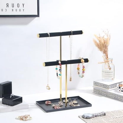 2 Tier Necklace Bracelet Holder Stand, Multi-Use Jewelry Display Organizer with Metal Tray, Velvet T-Bar Metal Necklace Organizer Stand, Jewelry Hanger Tower Rack for Men Women (Black 12" Tall) - color: Black