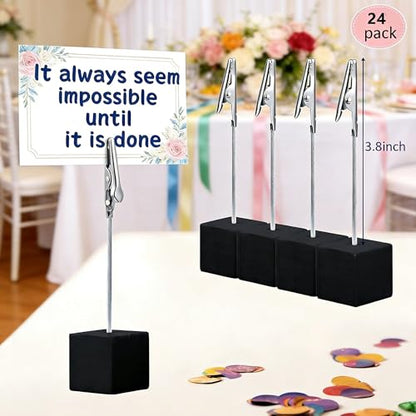 24PCS Wooden Cube Memo Holders with Alligator Clips Table Number Stands, Base Memo Clip Holder Photo and Card Display Clips for Wedding, Event, Office Desk Use (Black) - color: Black
