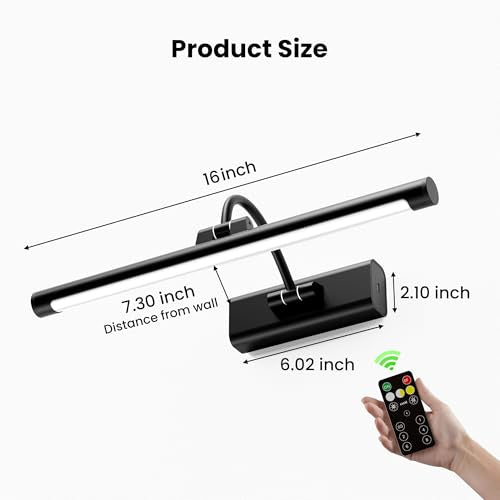 16" Picture Light with 6000mAh Battery - Black Operated Wireless Wall Sconce with Remote & Timer for Paintings, Photos & Frames - color: Black, size: 16 Inch