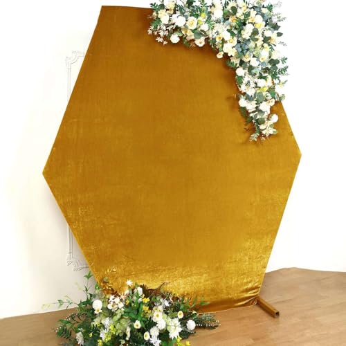 Efavormart 8ftx7ft Metallic Gold Soft Velvet Hexagon Backdrop Stand Cover, Double-Sided Stretchable Fitted Wedding Arch Cover, Premium Velveteen Pullover Backdrop for Party, Events, Ceremonies - color: Gold