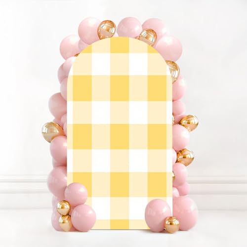 7.2FT Wedding Arch Backdrop Cover Plaid Seamless Texture Yellow Checkered backgraund Spandex Fitted Fabric Round Top Stretchy Stand Covers for Baby Shower Birthday Party Decoration - color: Color2, size: 7.2x4 FT
