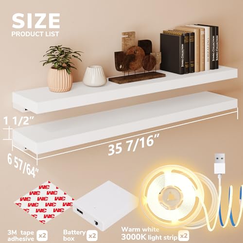 BAMEOS Floating Shelves with Lights, 35" White Wall Mounted Wood Shelves with Invisible Brackets, Set of 2, Display Wall Shelves Decoration for Bedroom, Bathroom, Living Room, Kitchen Storage - color: White-cob, size: 35 x 7