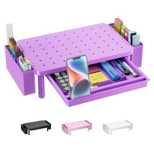 WALI Computer Monitor Stand with Storage, Desk Organizer with Drawer and Pen Holder, Desk Monitor Riser 3 Height Adjustable, Laptop Riser for Laptop, Printer (PTT003-V), 1 Pack, Violet - color: Violet, size: 14.6" * 9.3" with Drawer and Pen Holder