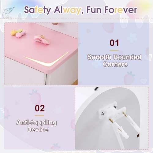 Kids Vanity Set with Jewelry Organizer for Princess, Girls Vanity Table and Chair Set with Drawers & Necklace Hooks, Toddler Makeup Dressing Table with Open Shelves, White