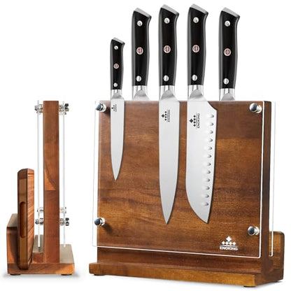ENOKING Magnetic Knife Block with Acrylic Shield, Double Side Kitchen Knife Holder without Knives- Acacia Wood Universal Knife Storage Organizer with Powerful Magnet for Kitchen Counter - size: 10*9 inches