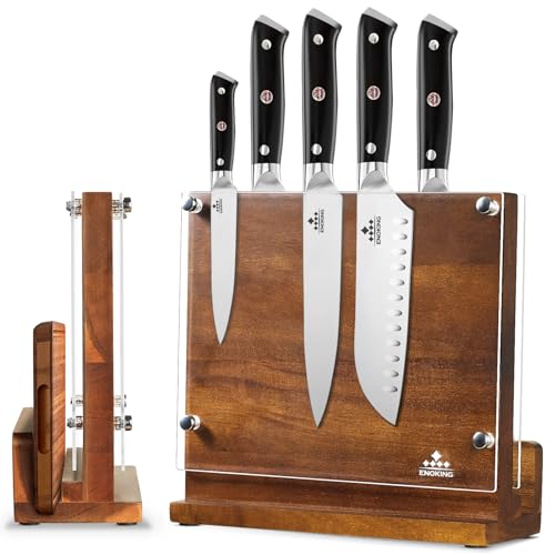 ENOKING Magnetic Knife Block with Acrylic Shield, Double Side Kitchen Knife Holder without Knives- Acacia Wood Universal Knife Storage Organizer with Powerful Magnet for Kitchen Counter - size: 10*9 inches