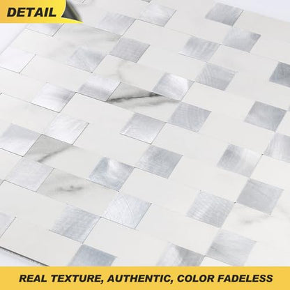 Yipscazo Peel and Stick Backsplash Tile, Stick on Stainless Steel Backsplash Metal Tiles for Kitchen Walls in Marble White Mixed Metal (12''x12'',10 Sheets) - color: Marble White mixed Metal
