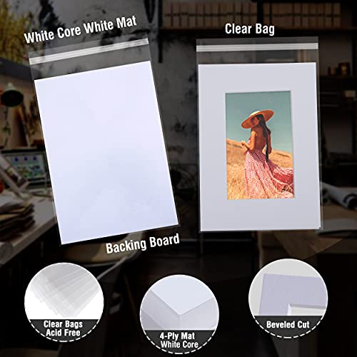Acid-Free 5 Pack 8x10 Pre-Cut Mat Board Show Kit for 5x7 Photos, Prints or Artworks, 5 Core Bevel Cut Matts and 5 Backing Boards and 5 Crystal Plastic Bags, White - size: 8x10-5 Pack