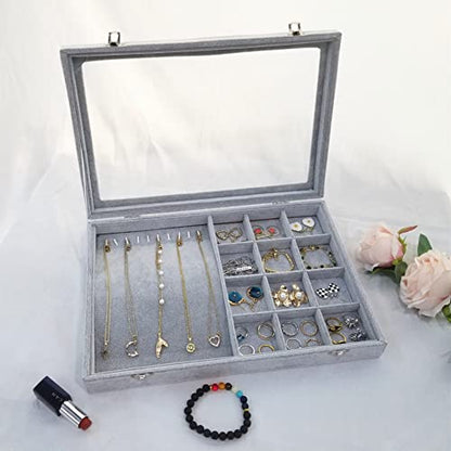 Ice Velvet Jewelry Box Display Case with a Clear Glass Window,10 Hooks Necklace Organizer Box and 12 Grids for Earrings Rings Storage Grey - color: 12 Grids & 10 Necklace Hooks