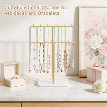 Mkono Necklace Holder Organizer Metal Jewelry Display Stand 2 Tier Bracelet Hanger Gold Tree Tower Rack for Storage Bangles and Earrings Gift for Women Bedroom Dressing Table Decor