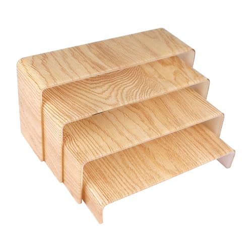 ELEGANTLIFE Acrylic Display Risers Set of 4, 4-Level Tiered Display Stands for Cupcakes, Small Figures & Jewelry, Compact Countertop Display Shelf, Multiple Colors Available (Light Wood Grain) - color: Light Wood Grain