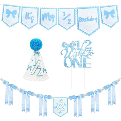 1/2 Birthday Girl Half Birthday Decorations - blue Bow It's My 1/2 Birth Banner, Glitter Cake Topper, Ribbon Bow Wood Bead High Chair Banner & Cone Hat, Halfway to One Baby Girl Party Supplies(Blue) - color: Blue
