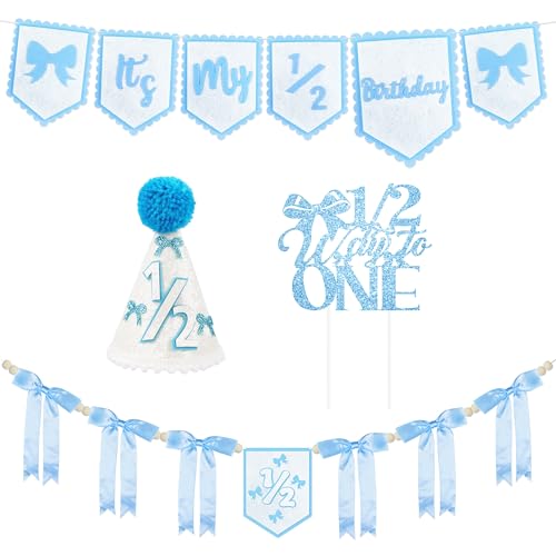 1/2 Birthday Girl Half Birthday Decorations - blue Bow It's My 1/2 Birth Banner, Glitter Cake Topper, Ribbon Bow Wood Bead High Chair Banner & Cone Hat, Halfway to One Baby Girl Party Supplies(Blue) - color: Blue