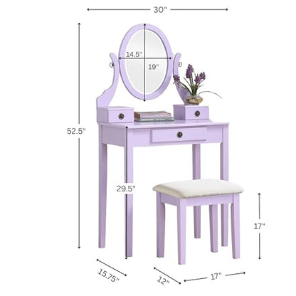 Roundhill Furniture Moniys Wood Moniya Makeup Vanity Table and Stool Set, Purple - color: Purple