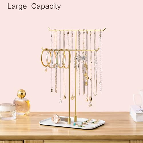 bussdis Gold Jewelry Organizer Necklace Holder Stand: 2-Tier T-Bar Display with White Metal Tray, Holds Necklaces Bracelets Earrings, Countertop Jewelry Tree - color: Gold, size: 12.5" Height