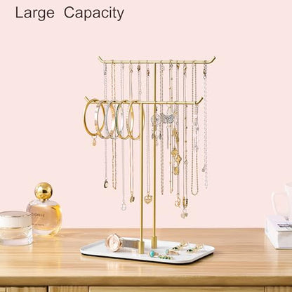 bussdis Gold Jewelry Organizer Necklace Holder Stand: 2-Tier T-Bar Display with White Metal Tray, Holds Necklaces Bracelets Earrings, Countertop Jewelry Tree - color: Gold, size: 12.5" Height