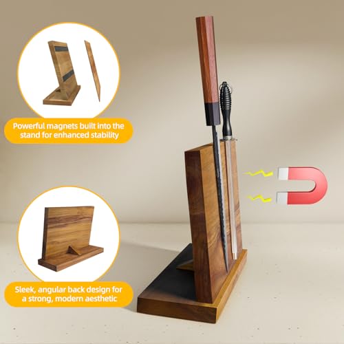 FINDKING Magnetic Knife Block, Teak Wood Utensils Holder, Strong Magnet Stand for Kitchen Counter (10.8 x 8 Inches, Without Knives) - color: Brown