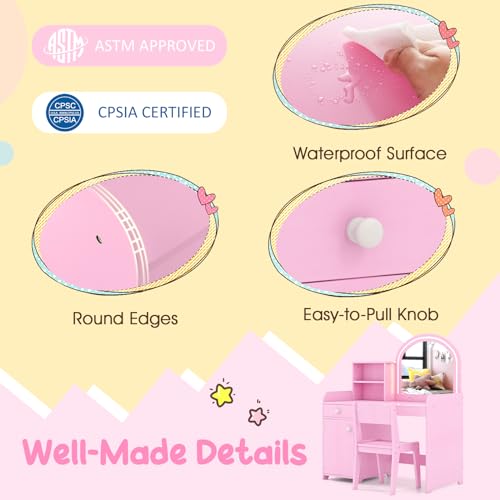 Costzon Kids Vanity with Lights, 2 in 1 Princess Makeup Desk & Chair Set with Lighted Mirror, Drawer, Storage Shelves & Cabinet, Toddler Dressing Table, Vanity Set for Little Girls (Pink) - style: Pink with Cabinet