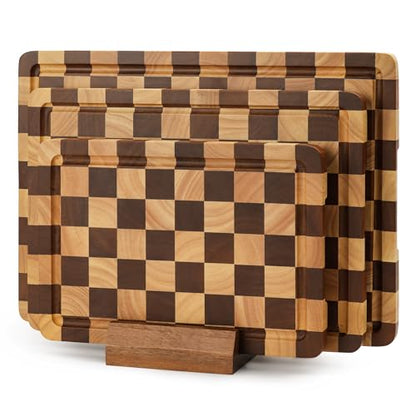 WILLKOMMEN Checkered Cutting Board Set, 3-Piece Wood Checkerboard End Grain Chopping Boards with Holder & Juice Groove Wooden Kitchen Cutting Board for Cooking and Serving (S, M, L) - style: Checkerboard set of 3