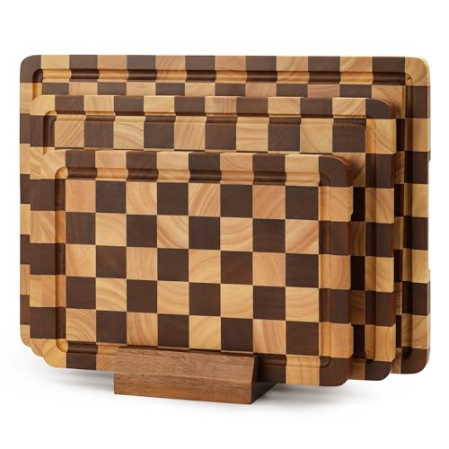 WILLKOMMEN Checkered Cutting Board Set, 3-Piece Wood Checkerboard End Grain Chopping Boards with Holder & Juice Groove Wooden Kitchen Cutting Board for Cooking and Serving (S, M, L) - style: Checkerboard set of 3