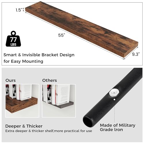 Venusmiles Floating Shelves for Wall, Engineered Wood Wall Shelves with Invisible Brackets for Living Room Bedroom Bathroom Office Kitchen Decor and Storage (Brown, 55" W x 9" D x 1.5" H) Set of 1 - color: Rustic Brown, size: 55"W, Set of 1