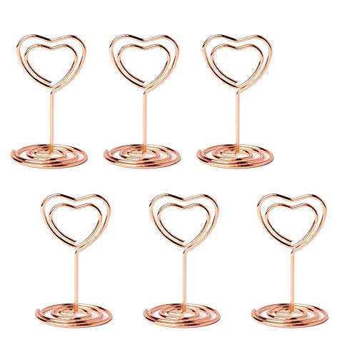 Jofefe 20pcs Mini Place Card Holder, Table Number Holders, Table Card Holders, Table Number Stands, Wire Table Picture Photo Holder with Heart Shaped Menu Clips for Wedding Favors (Rose Gold) - color: Rose Gold