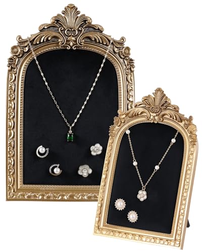 Wonderjune 2 Pcs Gold Jewelry Display Stand Vintage Necklace Organizer Ring Holder Earring Tray Resin Jewelry Photography Props Frame with Velvet Backing for Gifts(Black,Large,Small,Elegant) - color: Black, size: Large,Small, style: Elegant