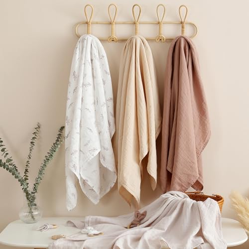 POMISO Muslin Swaddle Blankets for Boys & Girls, Newborn Receiving Blankets, 4 Pack Soft Breathable Baby Swaddles, Large 47x47 Inches, Leaves & Warmth Colors - color: Leaves & Warmth Colors